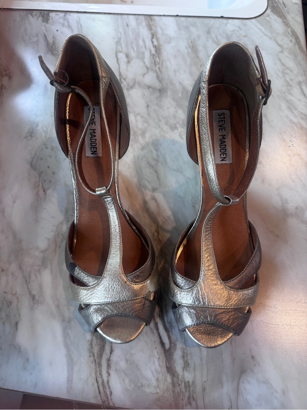 Steve Madden Metallic Silver gold pascha  T-Strap Peep-Toe Heels